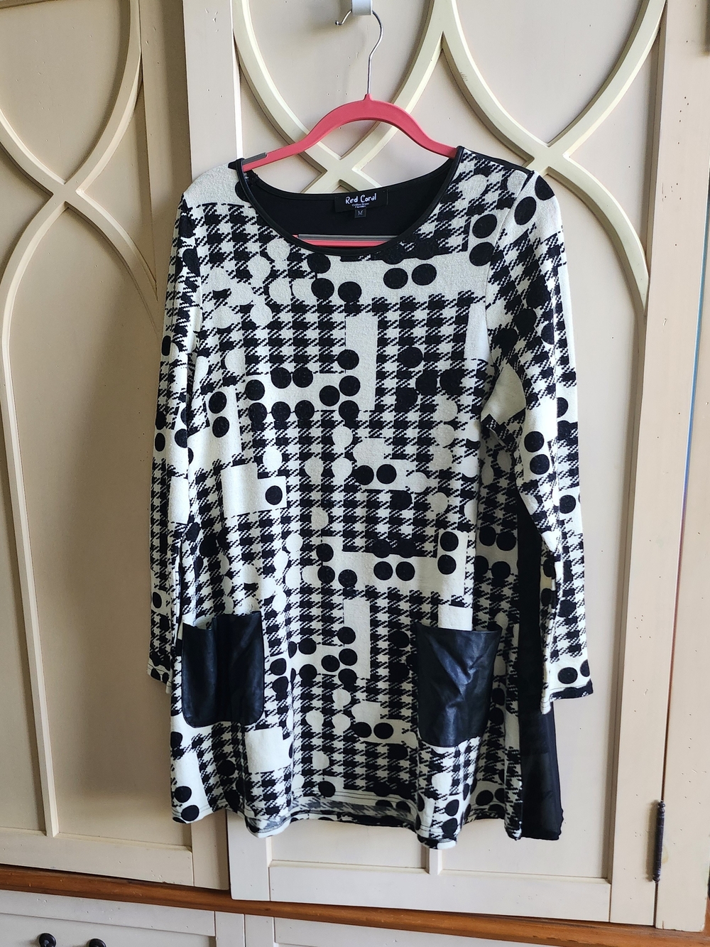 Red Coral Black & White Patterned Long Sleeve Tunic